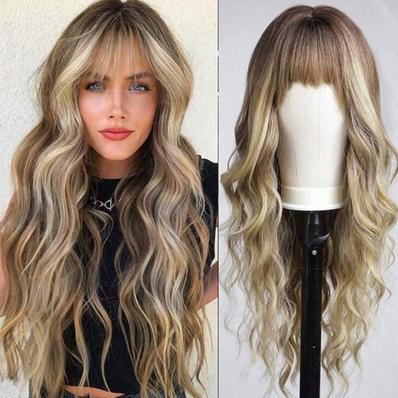 24 Inch Ombre Brown Rooted & Blonde highlights Wavy Hair with bangs Lon… - Picture 1 of 11